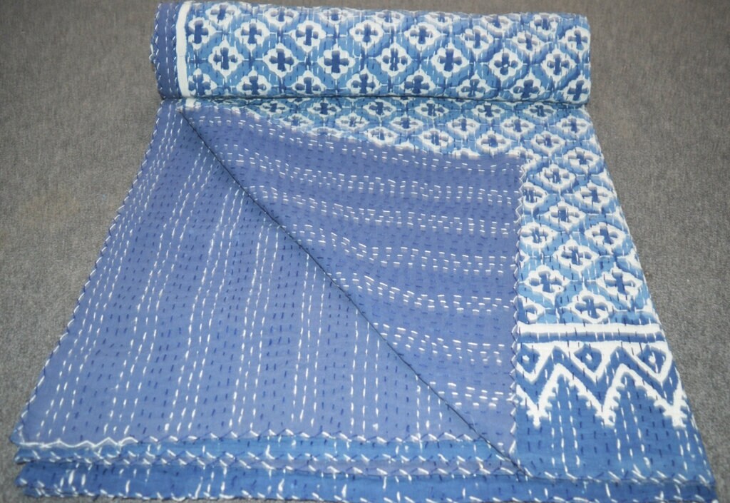 Blue Kantha Quilt King Size Hand Stitch Kantha Ajrakh Bedcover Etsy