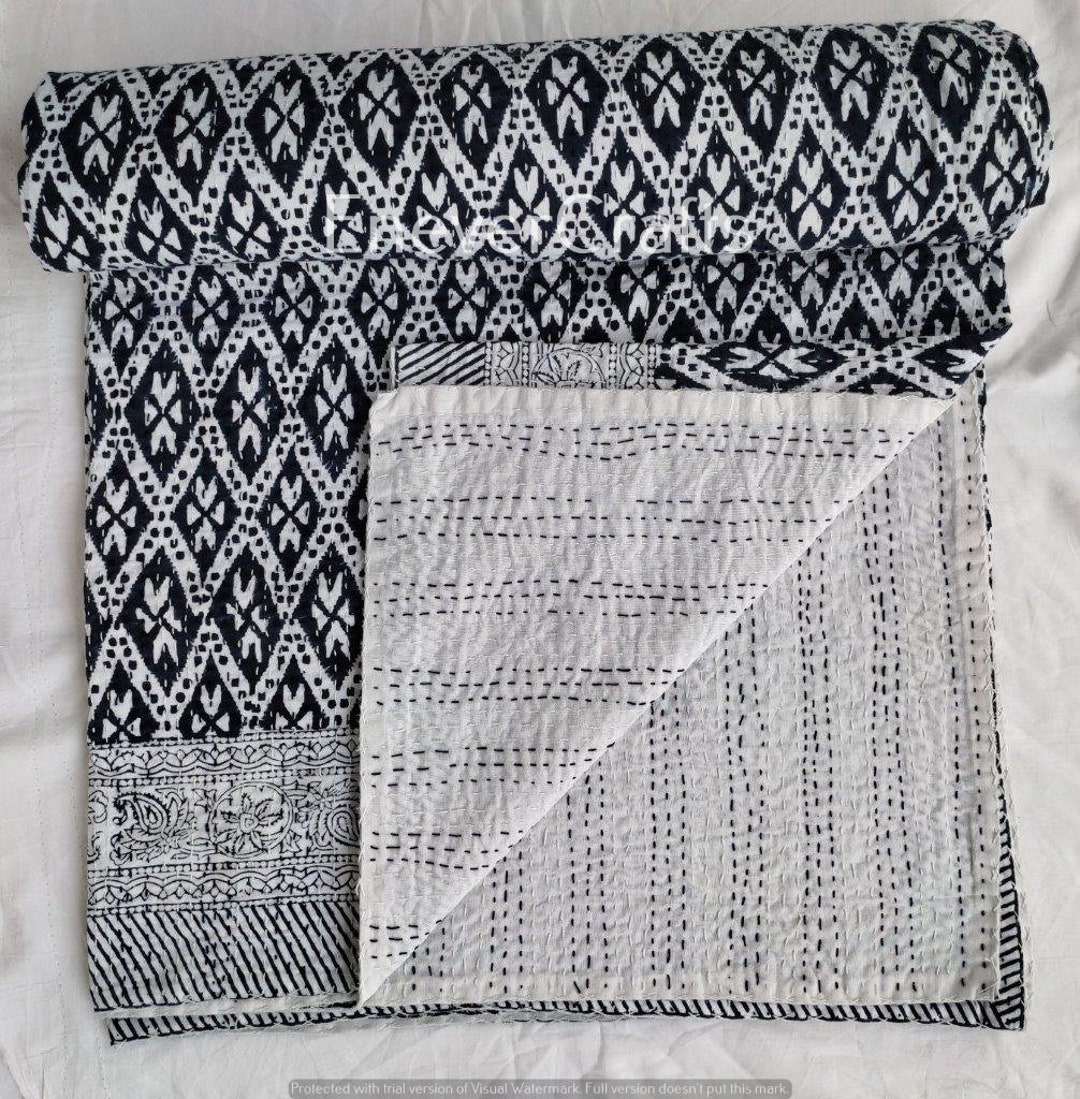 Black and White Floral Quilt for Sale Quilt Kantha Quilt Queen Etsy