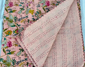 pink kantha quilt Indian Kantha Quilt Handmade Kantha Bedcover Throw Cotton Blanket HandBlock Print Handmade Stitched, pink quilt
