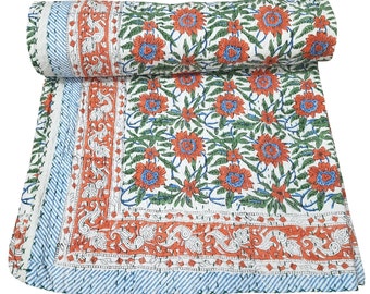 Indian Handmade 100% Cotton Queen Size Floral Printed Bedding Bedspread Bed Cover Kantha Stitch Quilted Gudari Throw Ethnic Coverlet Blanket