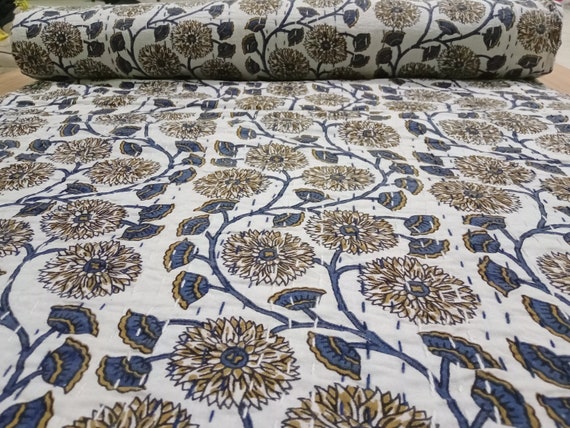 Indian Floral Hand block Print Kantha Quilt,Blanket Cotton Queen Bedspread Throw 