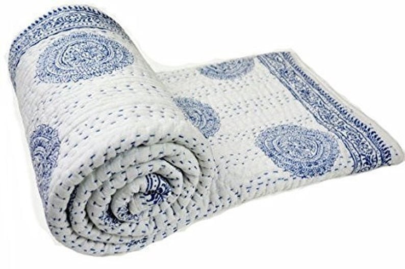 Blue Cotton Kantha Quilt Indian Handmade Bedspread Bedding Blankets Single/ King