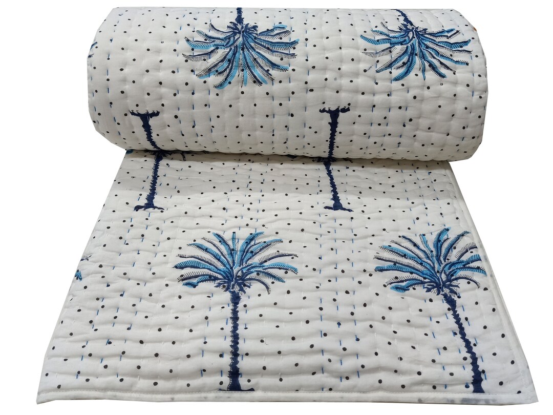 Organic Cotton Handmade Quilted Razai, Floral Block Print Winter Warm