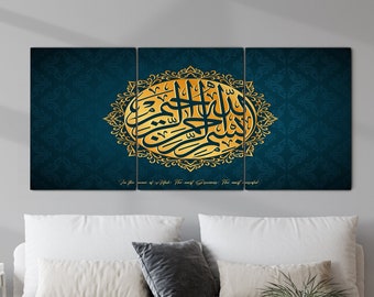 Ayatul Kursi 3 panneau toile Set-islamique Wall Art Toile En Bleu Marine CRISTAUX! Ayatul Kursi 3 panneau toile Set-islamique Wall Art Toile En Bleu Marine CRISTAUX!