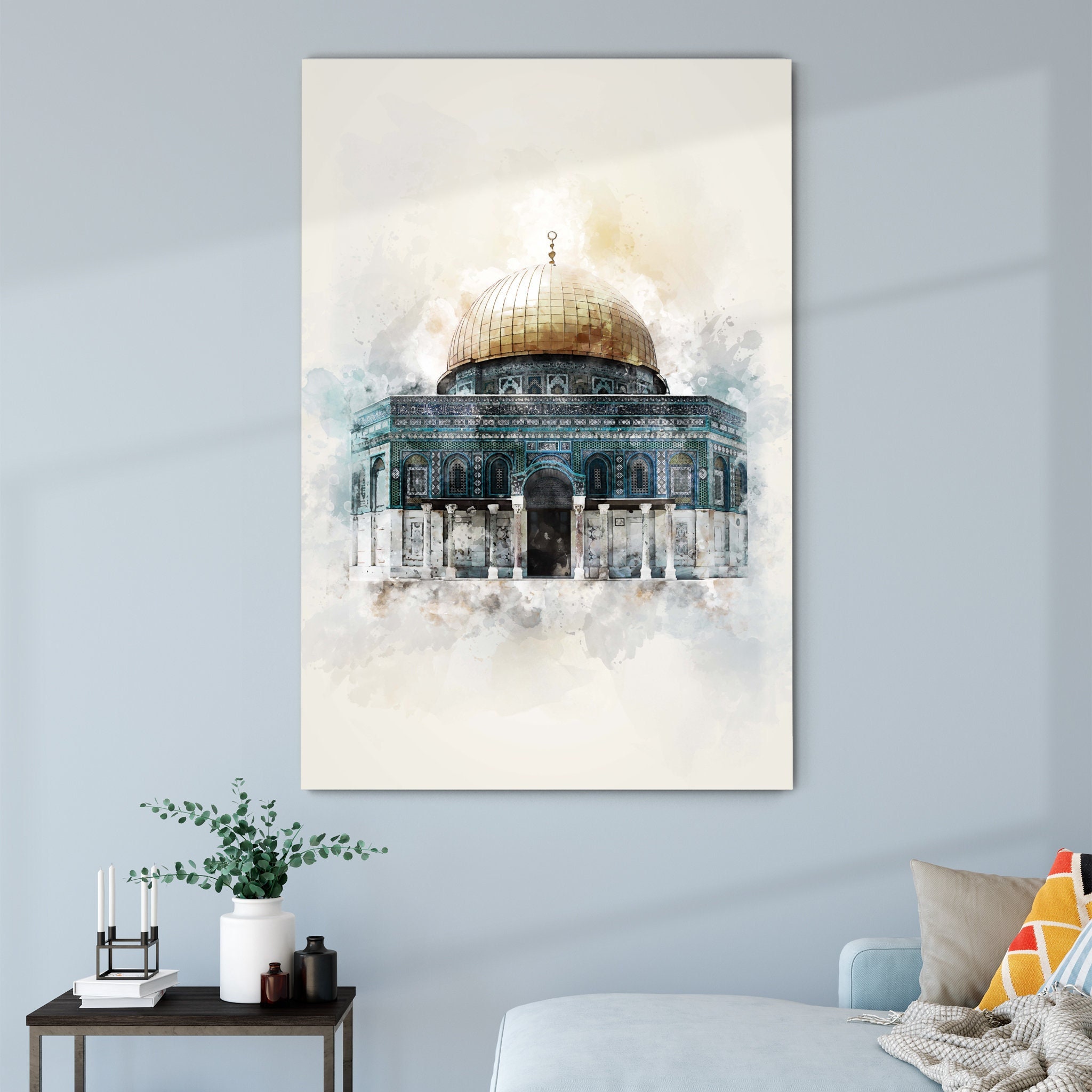 Dôme Du Rocher -Al-Falaq Al-Nas, Kufic , Art Mural Islamique, Impression sur Toile de Design Unique,