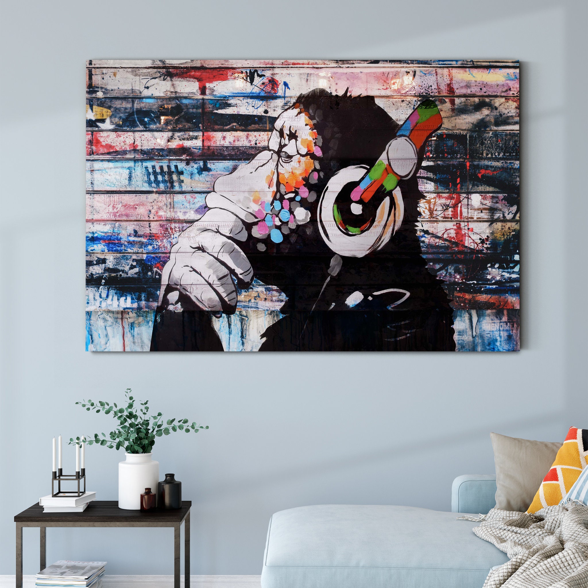 Dj Banksy Coloré, Thinking Monkey Wall Art, Graffiti Art Canvas, Extra Large Canvas Street Studio De