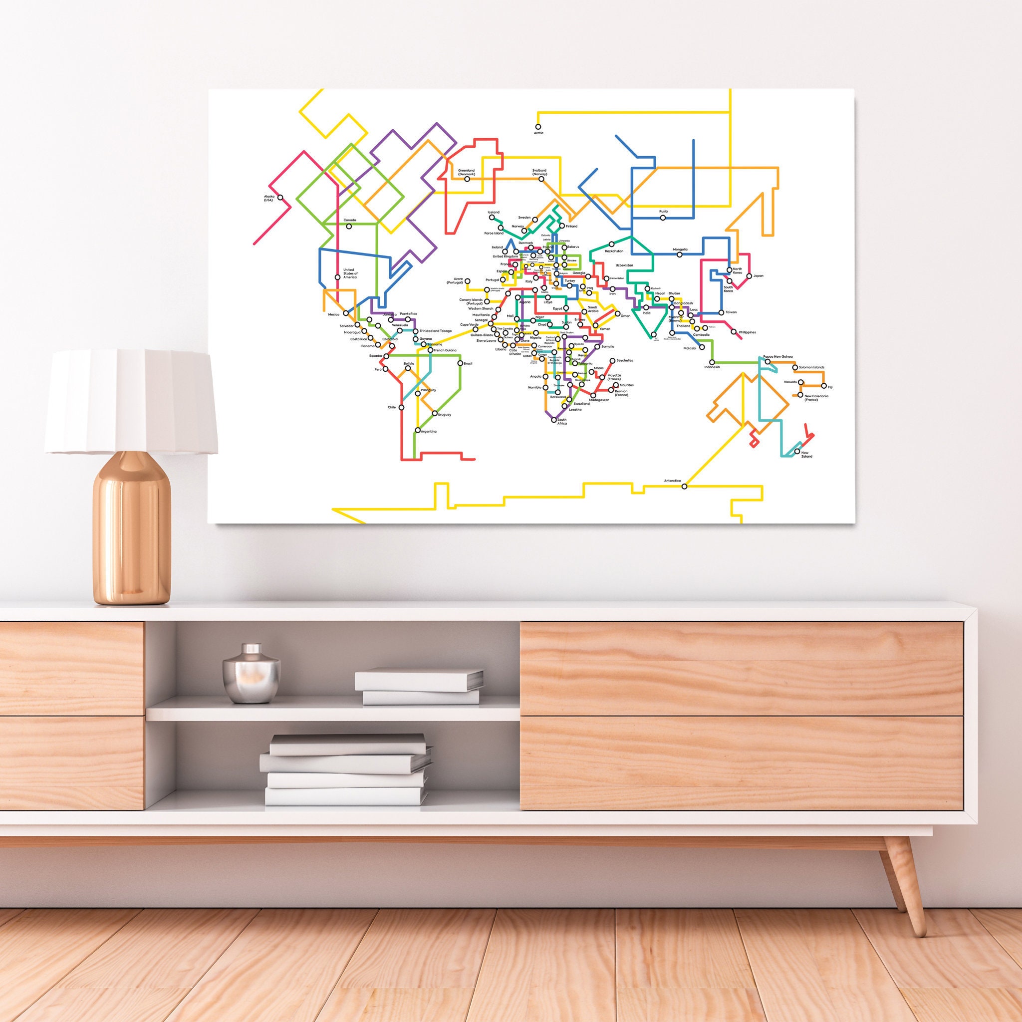 World Tube Map Canvas Print, Metro Underground Lines World Map, Subway Transit Of The Wall Art, Uniq