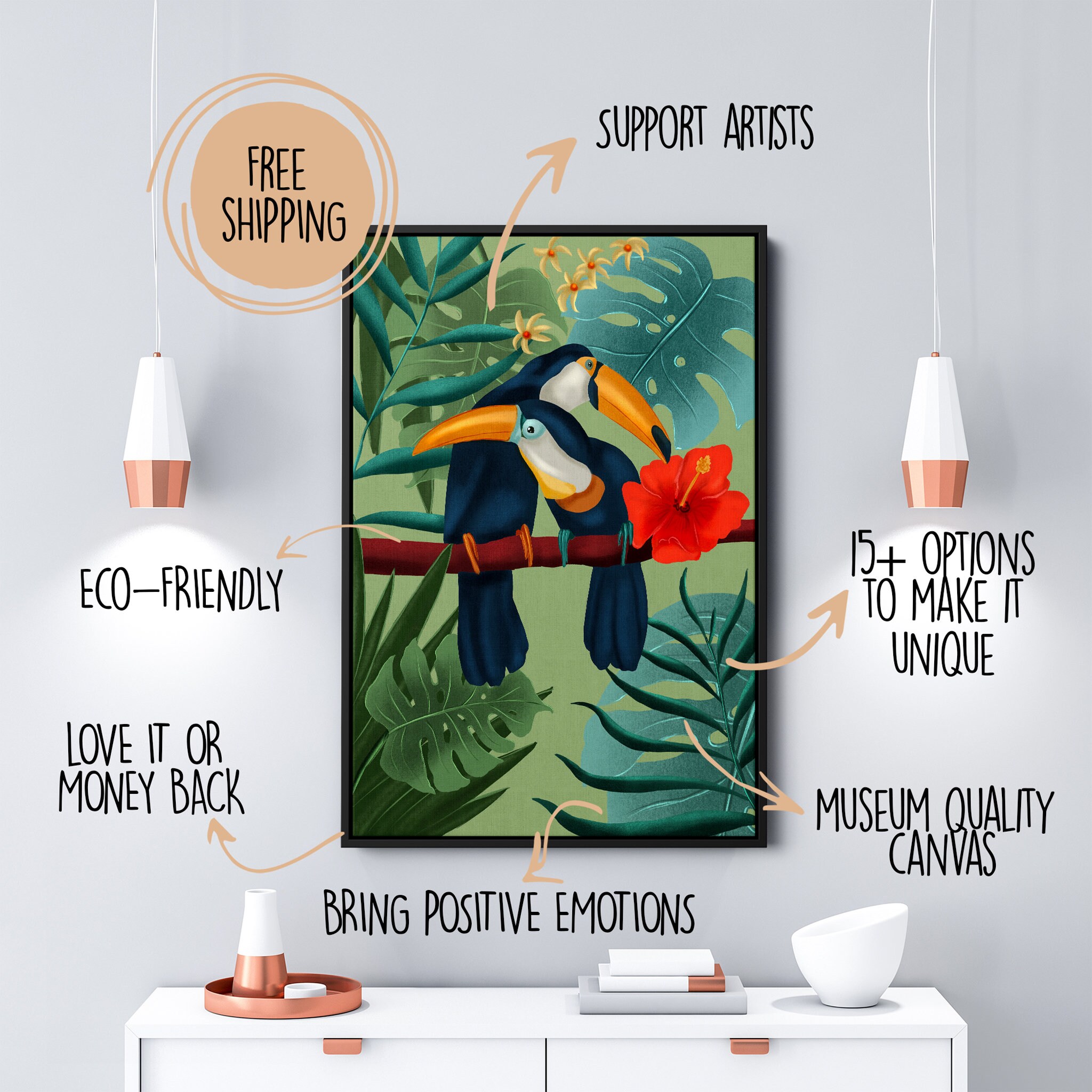 Duo Toucan Wall Art Canvas - Tropical Floral Grand Pour Salon