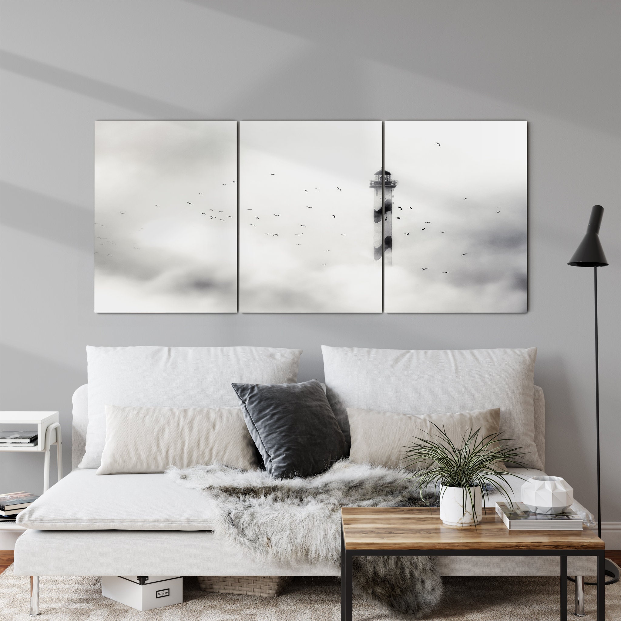 Le Brouillard Art Mural sur Toile - Photographie de Phare en Noir et Blanc