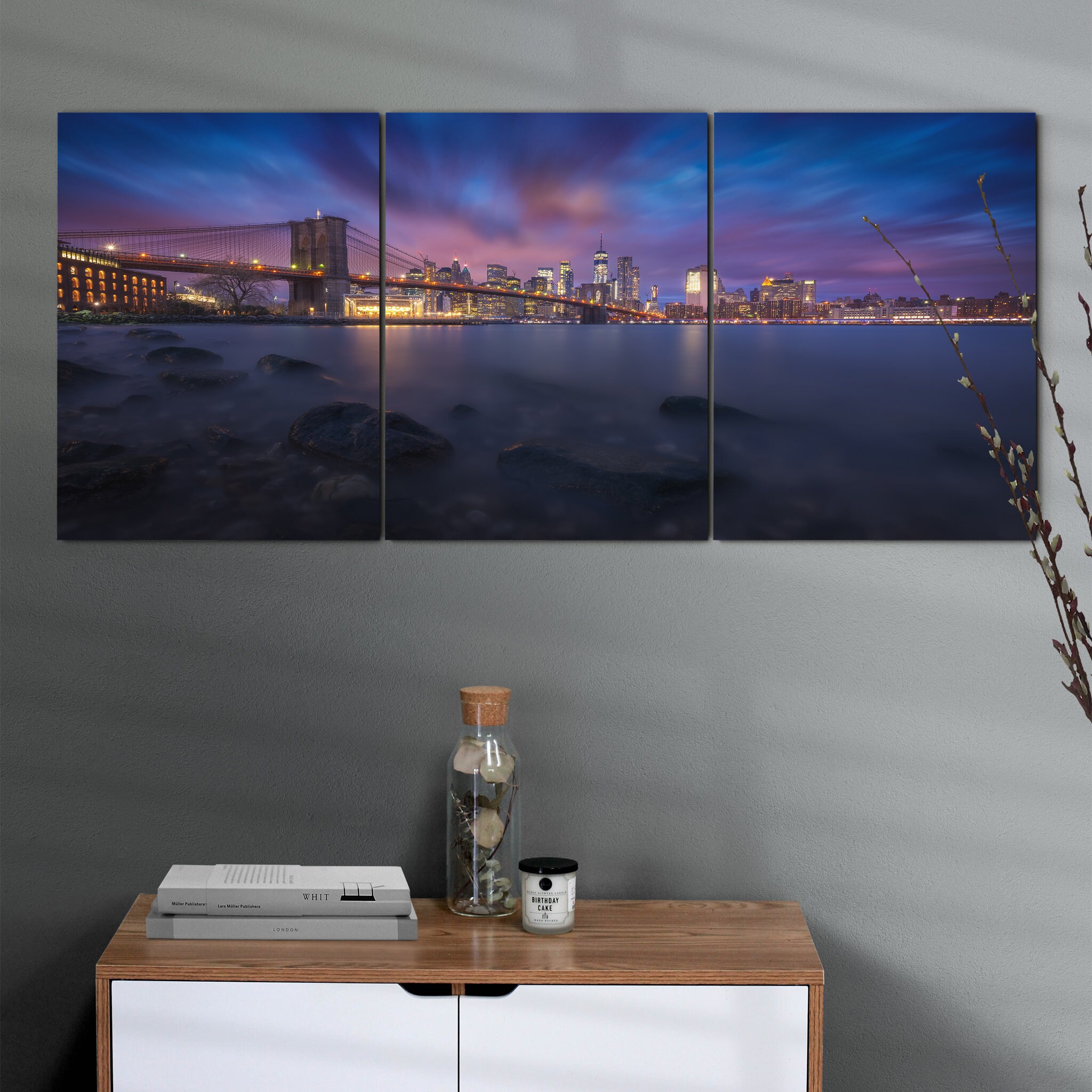 Brooklyn Dusk Canvas Wall Art - Night City Canvas Bridge Photography