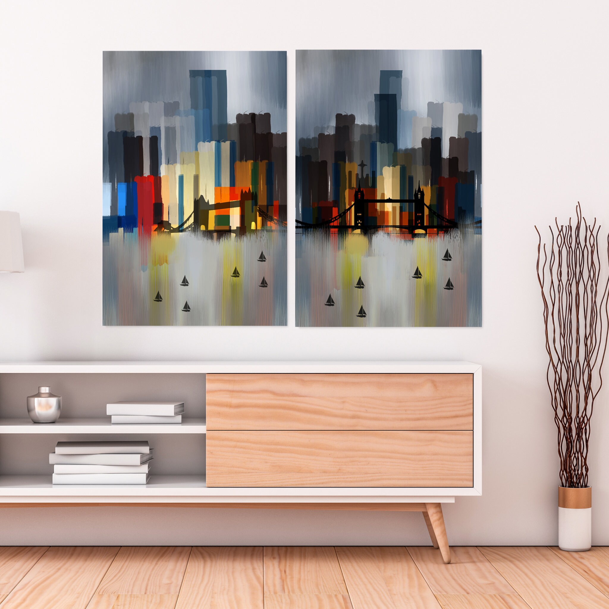 Ponts Colorés Duo Set de Deux Estampes, Extra Large Wall Art Abstract Canvas Prints, City Scapes Art