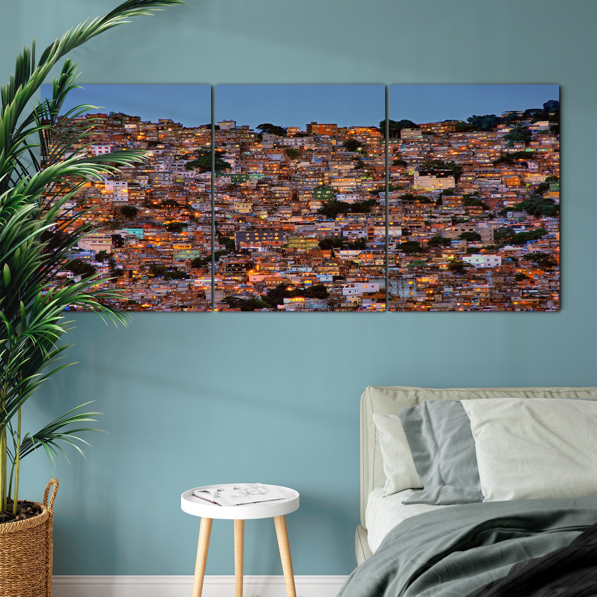 Tombée de La Nuit Dans Favela Da Rocinha Art Mural sur Toile - Ville Photographie Bâtiment