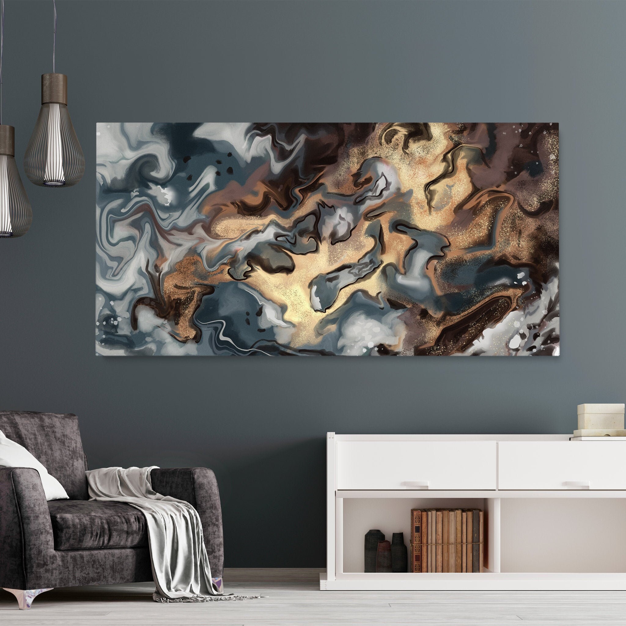 Art Mural Dramatique Gris et Bronze, Œuvre d'art Abstraite de Luxe, Toile Fluide, Décor Élégant Du S
