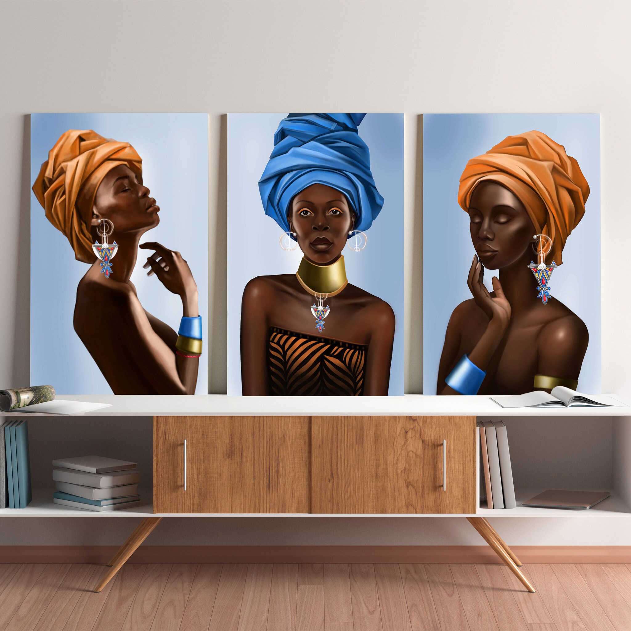 Triptyque Art Set - African Woman Wrap Print, Canvas Afrocentric Art, Beautiful Black Portrait Wall 