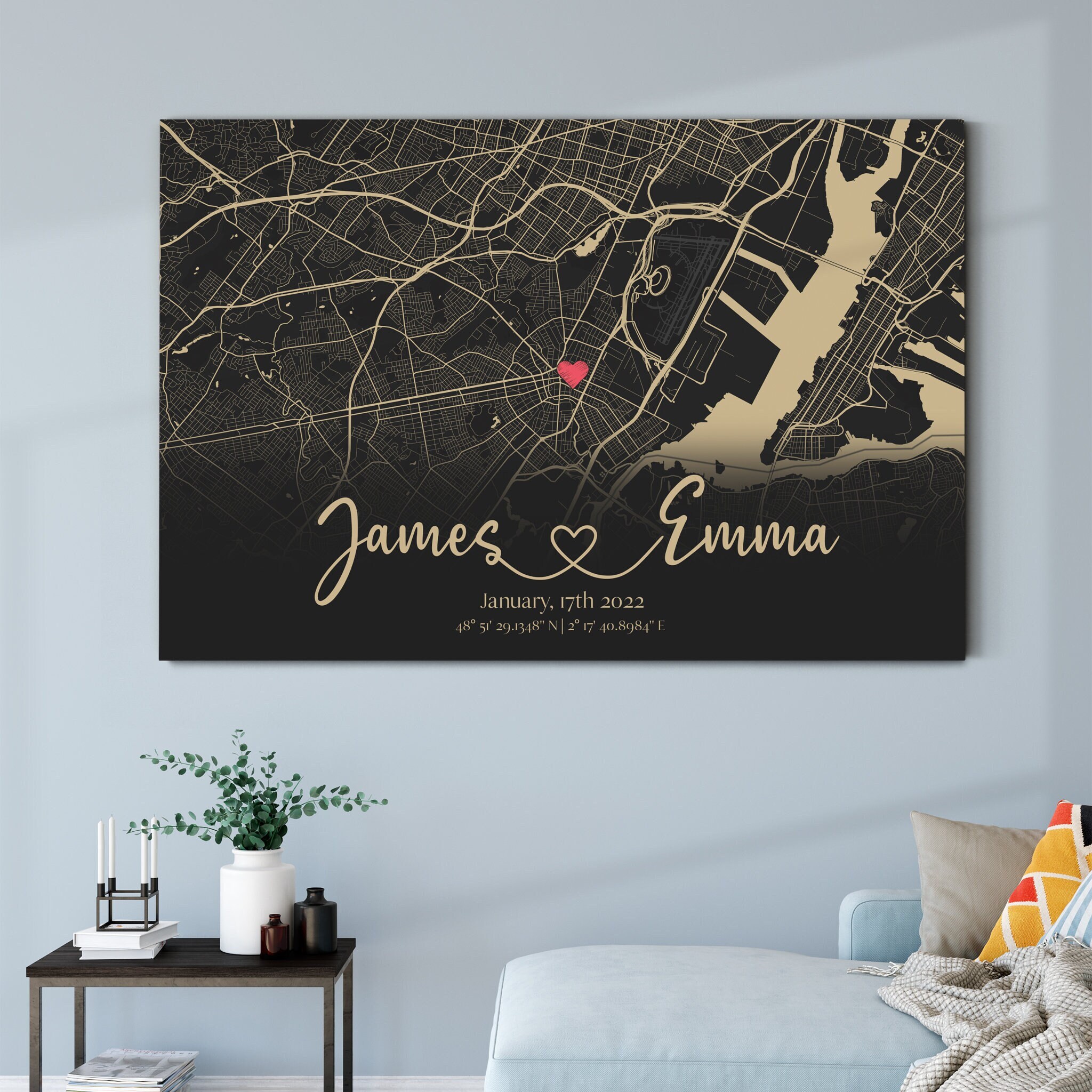 Dark Love Personalized Map - Impression Personnalisée sur Toile de Collage Familial Personnalisée, C