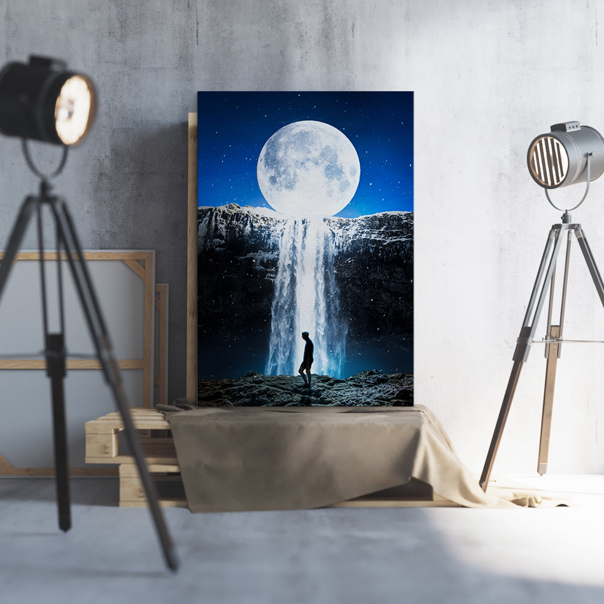 Abstract Waterfall Print, Moon Canvas Art, Surreal Fantasy Surrealism Supermoon, Dreamy Moons Art Fu