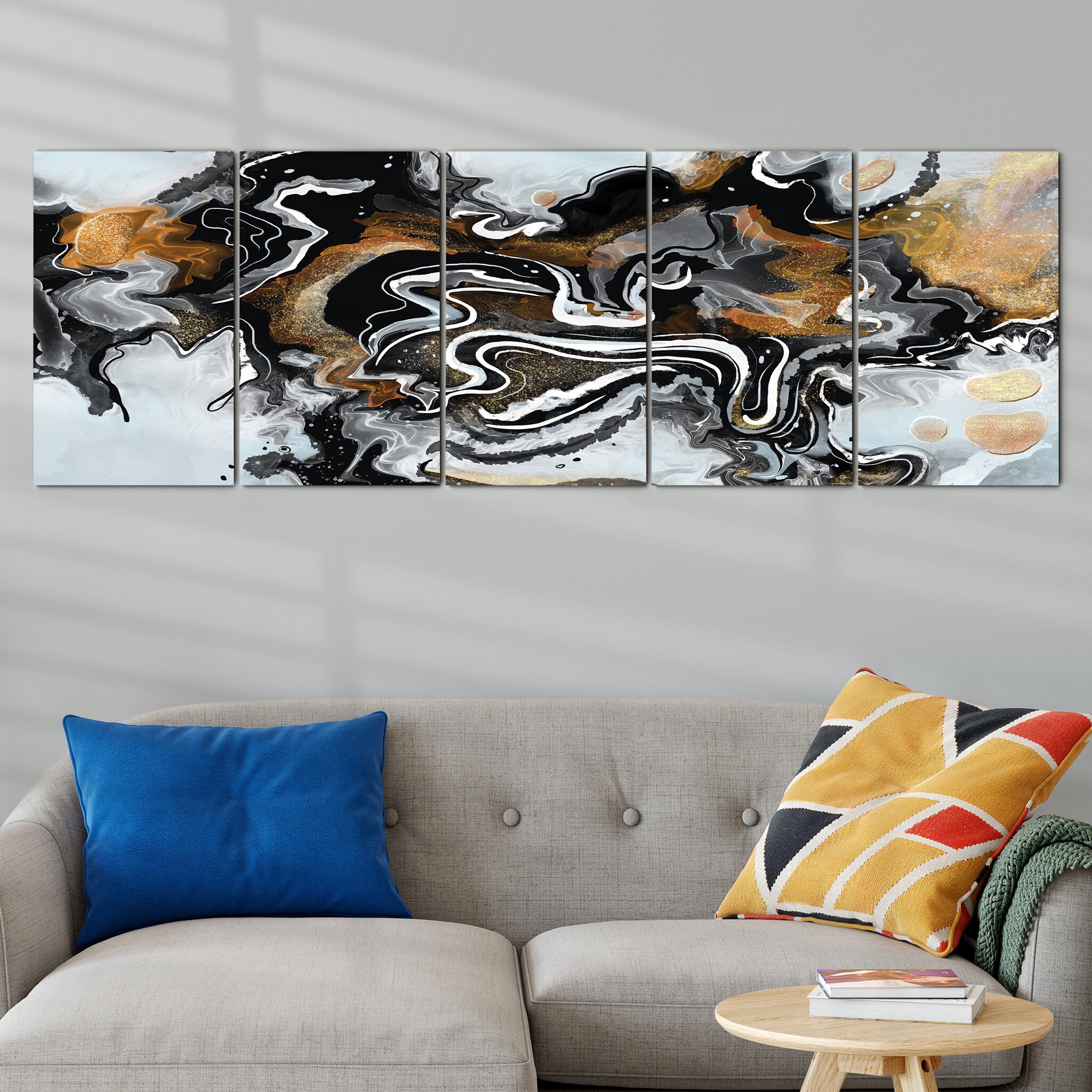 White Golden Bronze Multi Panel - Toile d'art à Long Mur Grand Décor Mural de Salon Art Abstrait Sur