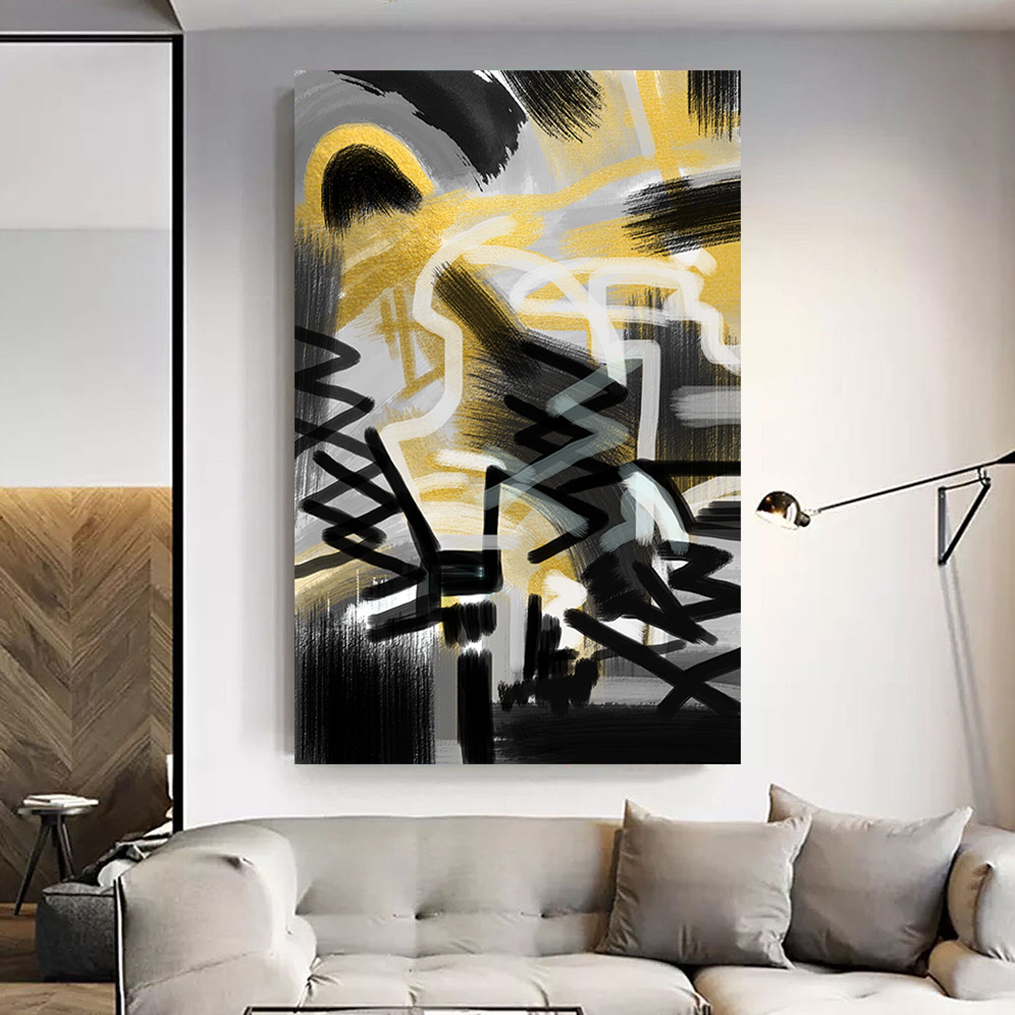 Nuit Orageuse | Version Jaune - Cadeau de Crémaillère, Gravure sur Toile d'art Mural Toile Noir et B