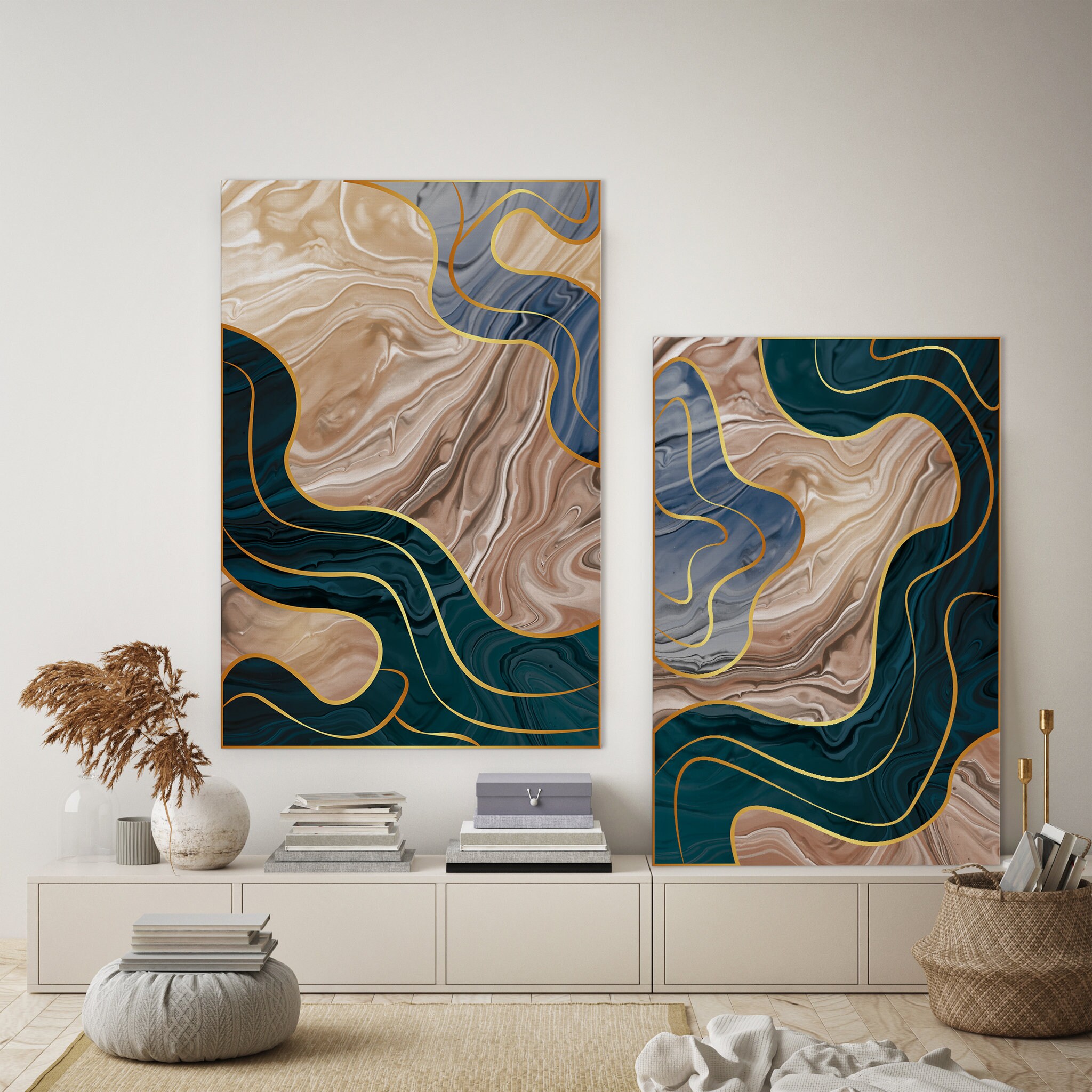 Duo Long River Beige - Art Moderne Abstrait Impression sur Toile à 2 Panneaux Décor de Bureau Cadeau