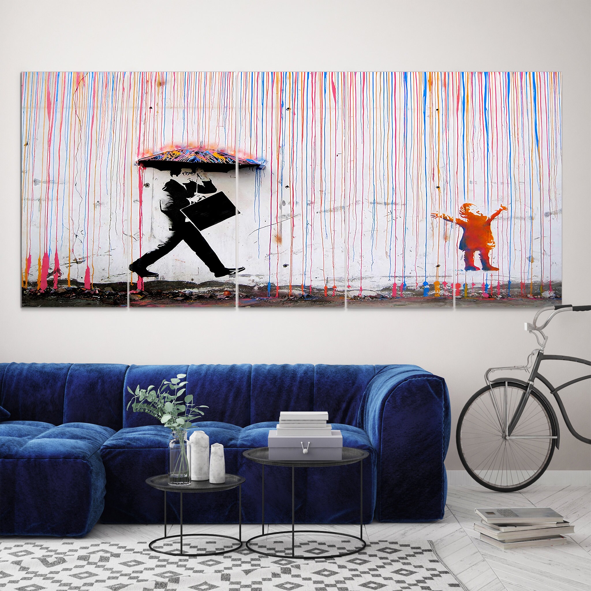 Banksy Wall Art - Colorful Rain Graffiti Canvas, Banksy Street Extra Large Canvas Art, New Apartment