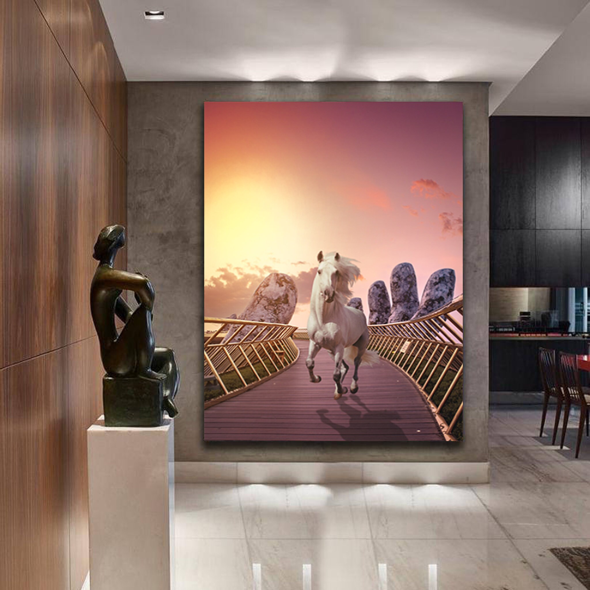 Horse Golden Bridge - Bridge Wall Art Canvas Print Landscape Horse Wall Animal Art