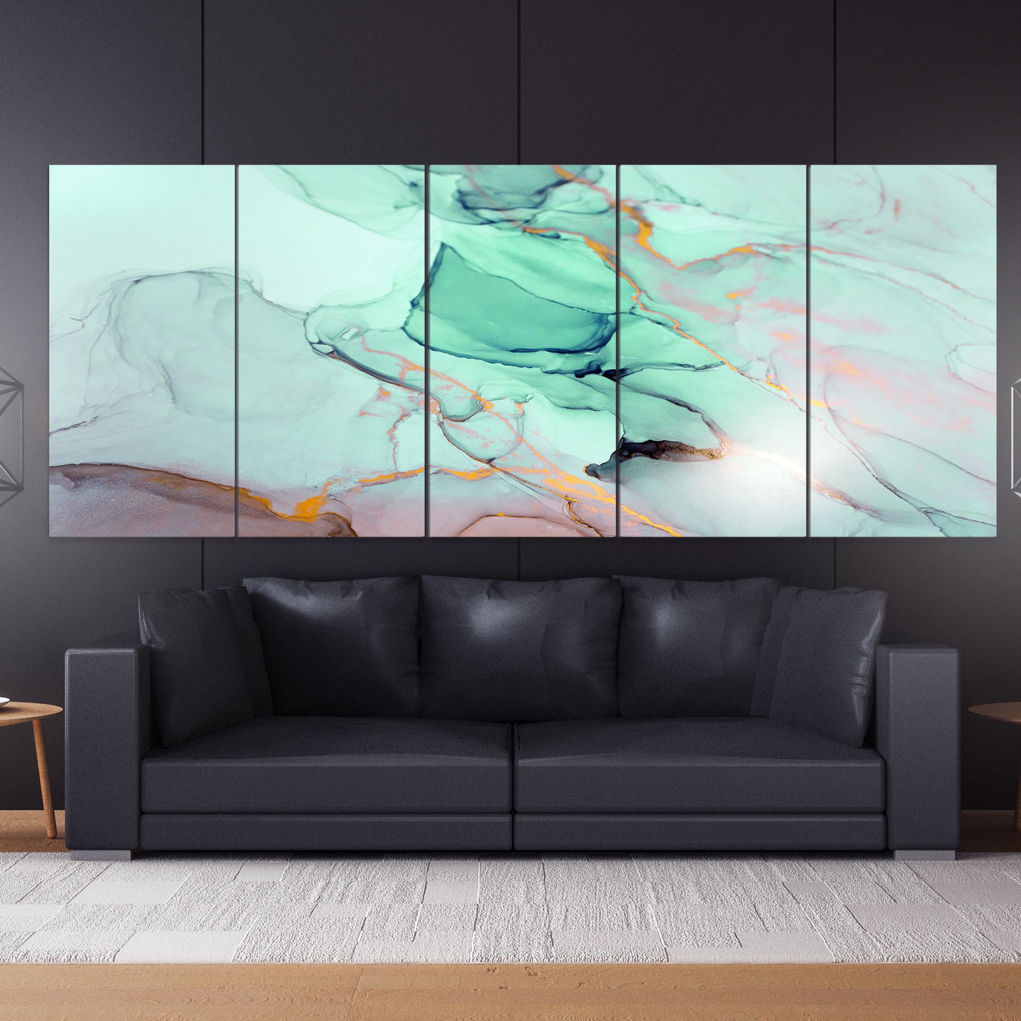 Impression sur Toile de Marbre Vert Menthe, Art Mural en Sarcelle Luxe, Ensemble d'art Fluide Abstra