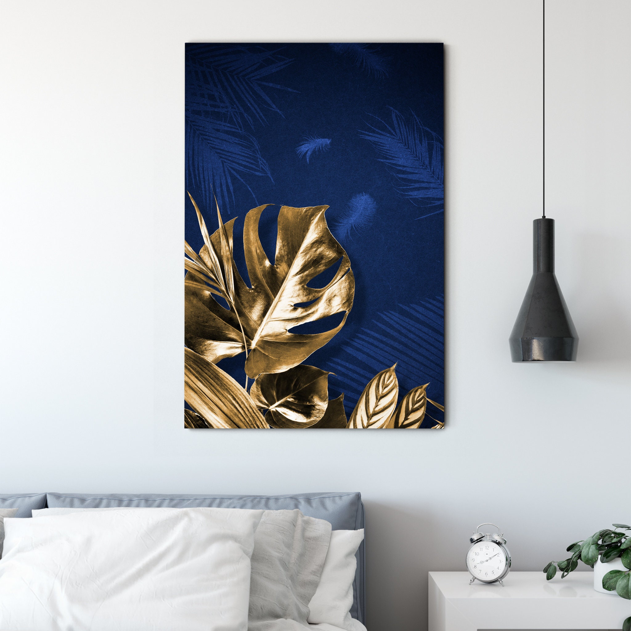 Navy Golden Leaves - Art Mural Tropical Floral
