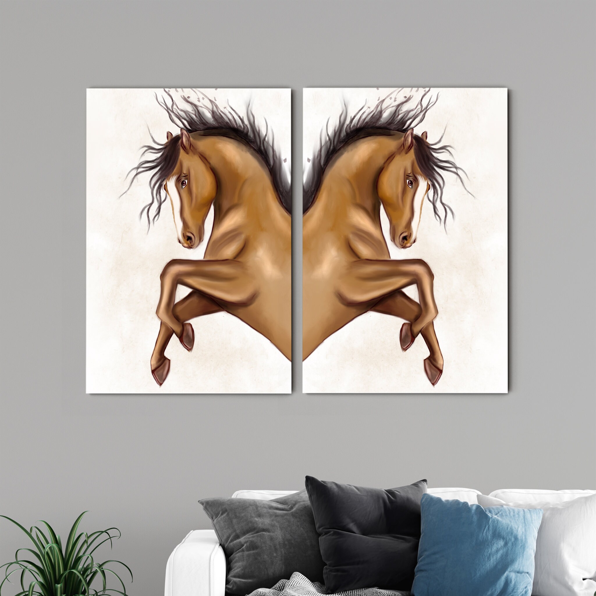 Caramel Cavalier | Duo - Arts Muraux de Chevaux Art Animalier Mural Moderne