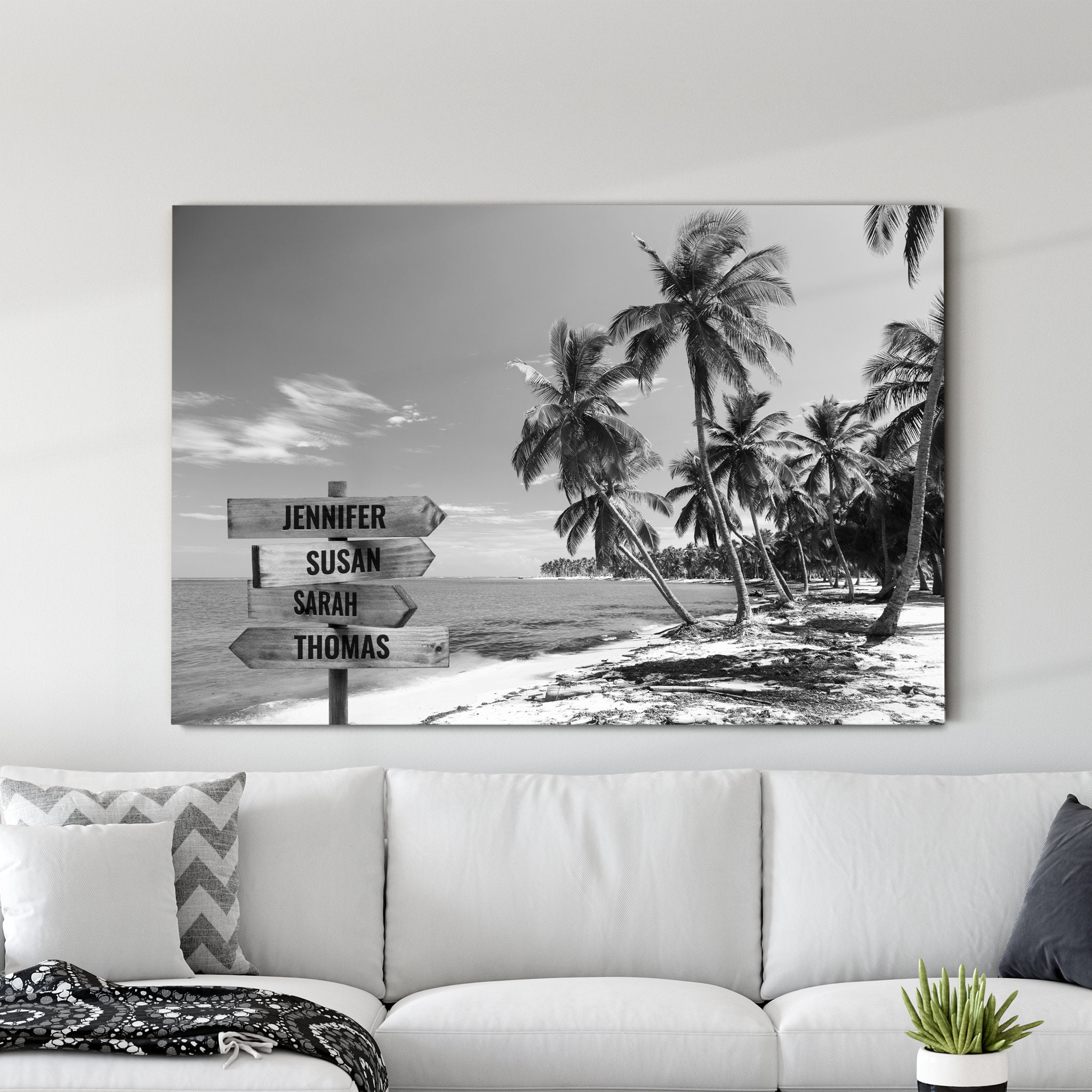 Paradise Beach Noms de Famille en Noir et Blanc, Impression Personnalisée sur Toile Collage Familial