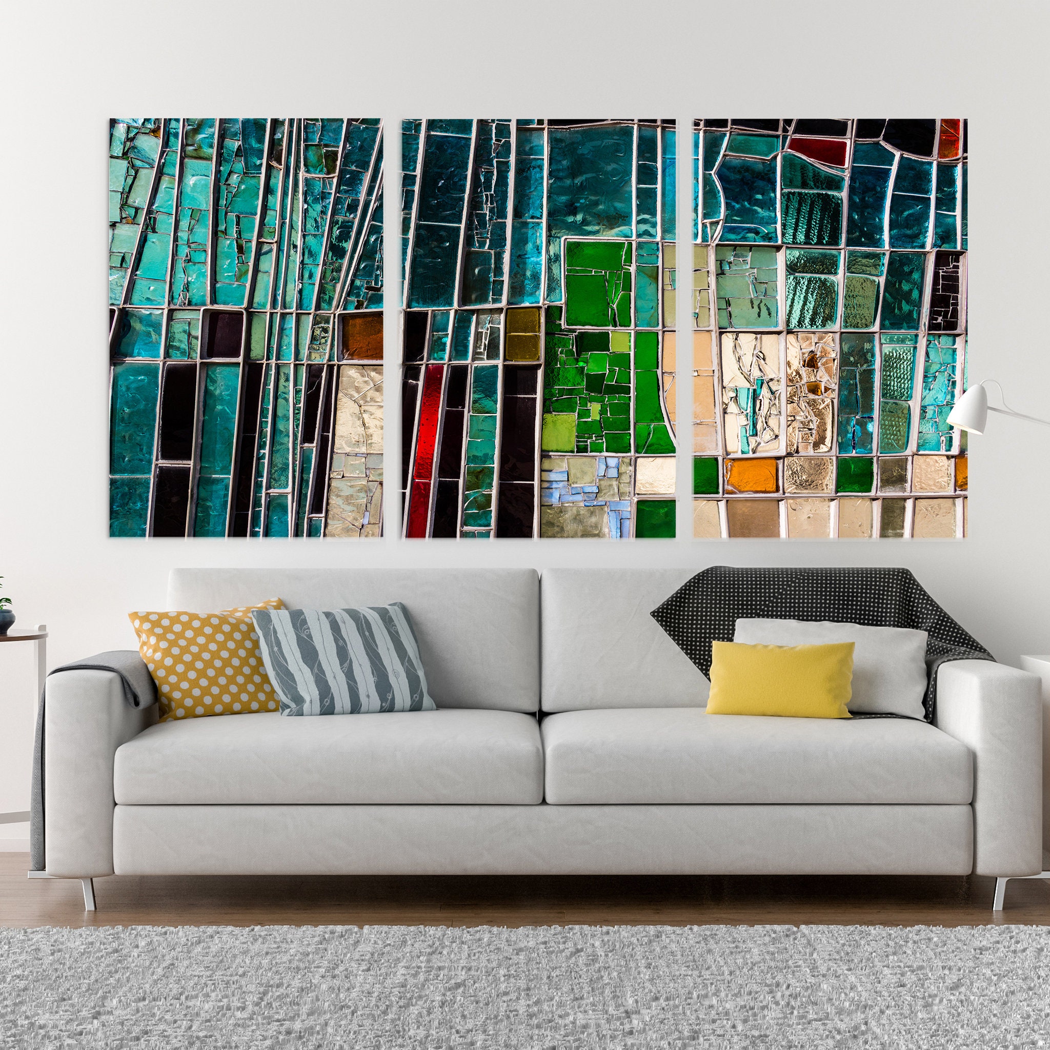 Extra Large Wall Art Abstract Mosaic Canvas, Glass Print, Colorful Above Couch Decor, Modern Contemp