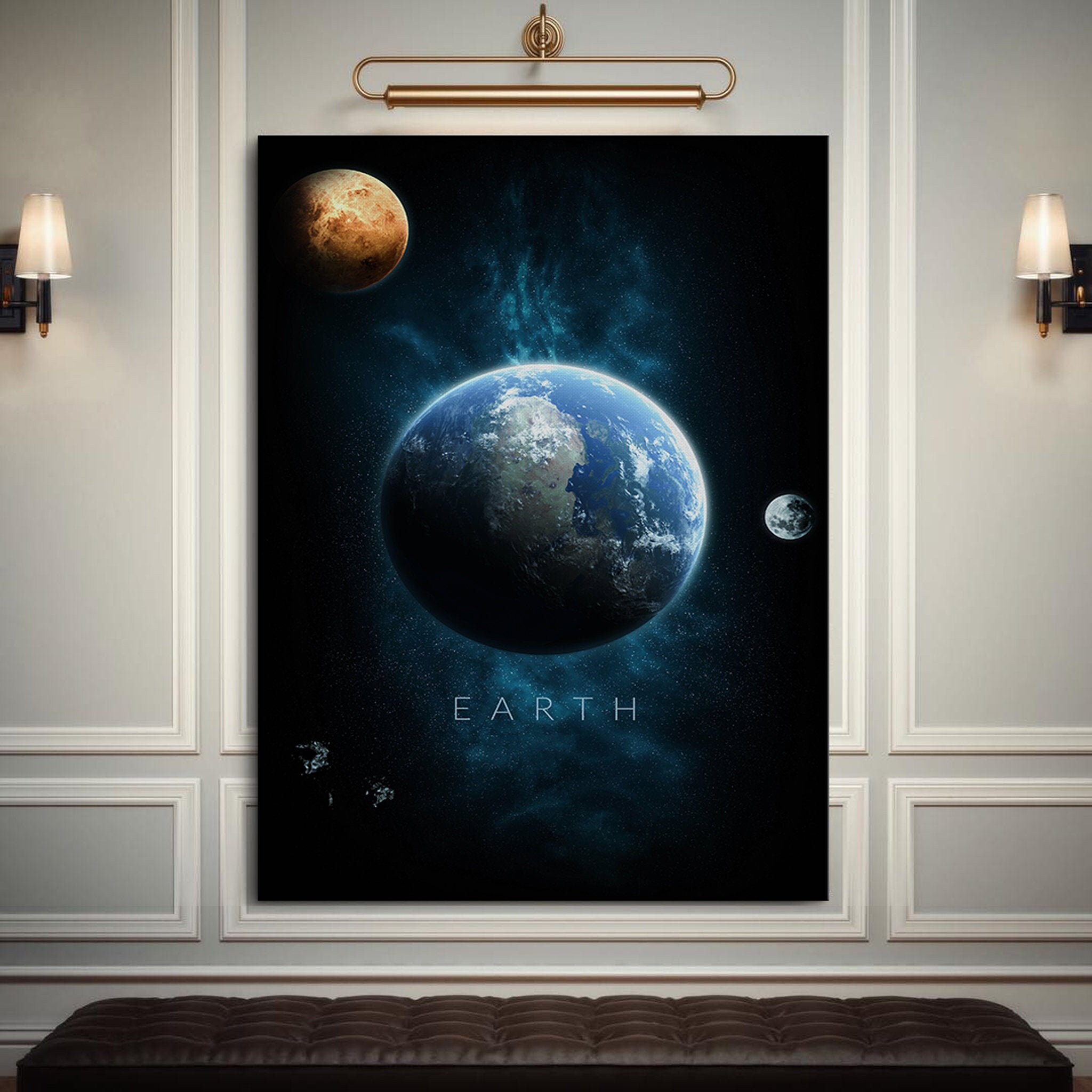Blue Planet Earth Art, Big Canvas Print, Modern Apartment Decor, Minimalist Wall Art Space Galaxy Ar