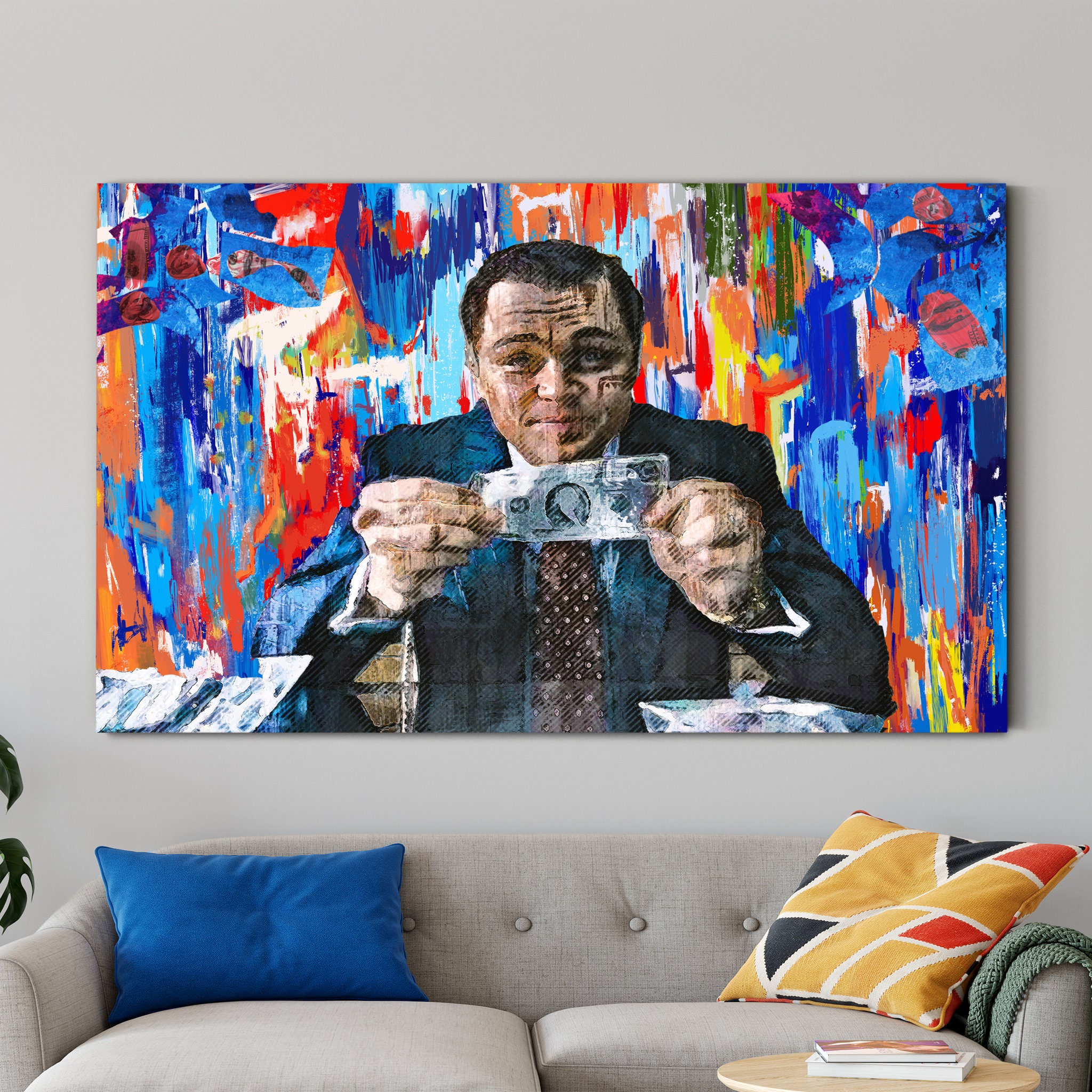 Wolf Of Wall Street Art Print, Colorful Portrait Canvas Abstract Painting Modern Office Decor, Entre