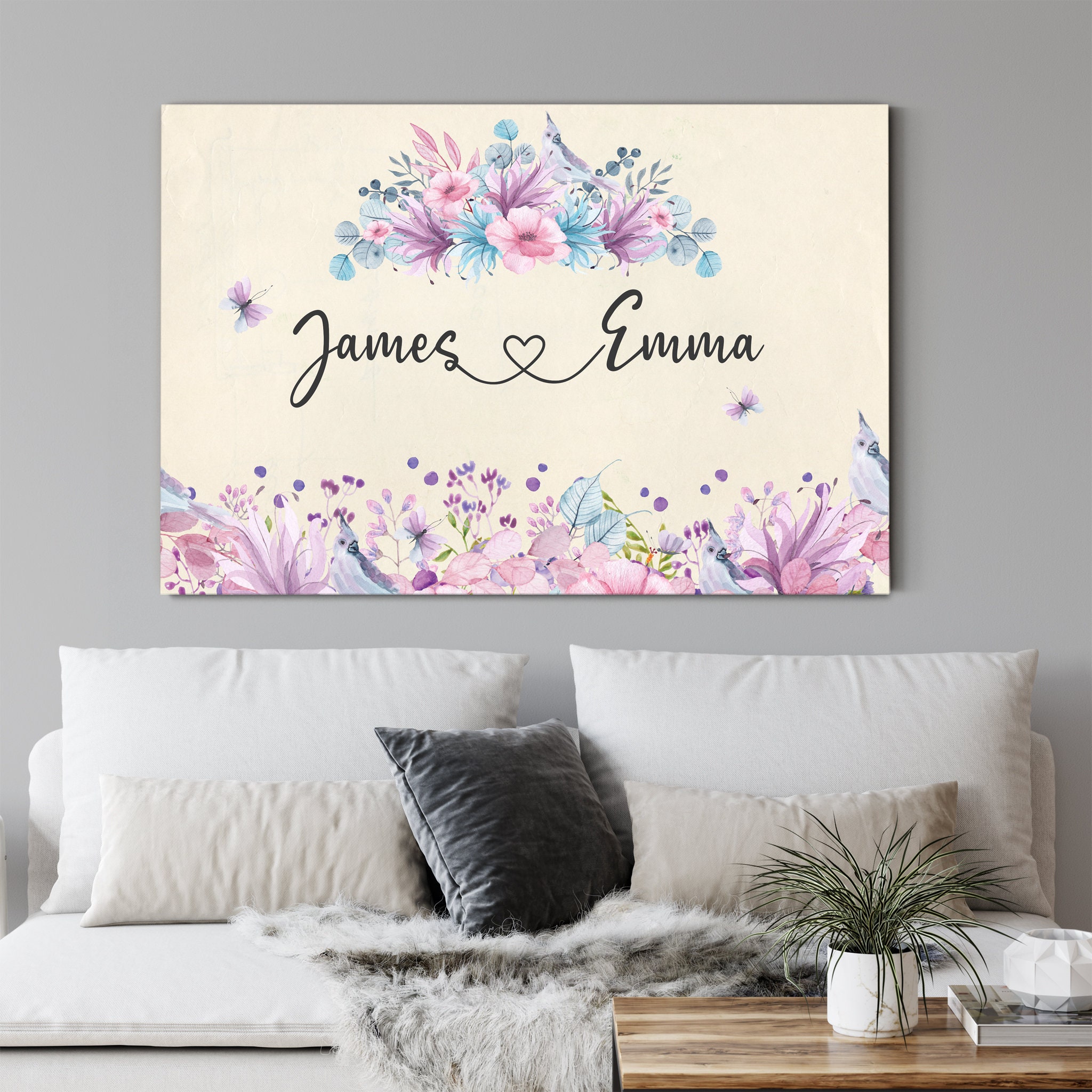 Violet Flowers Noms de Couple, Impression Personnalisée sur Toile Collage Familial, Cadeau Photo Per