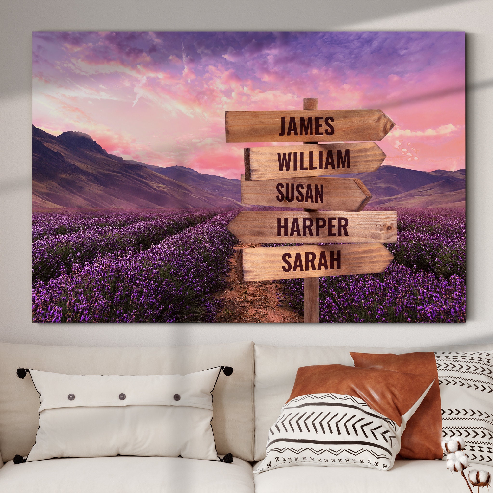 Beaux Noms Personnalisés Lavander, Impression Personnalisée sur Toile de Collage Familial, Cadeau Ph