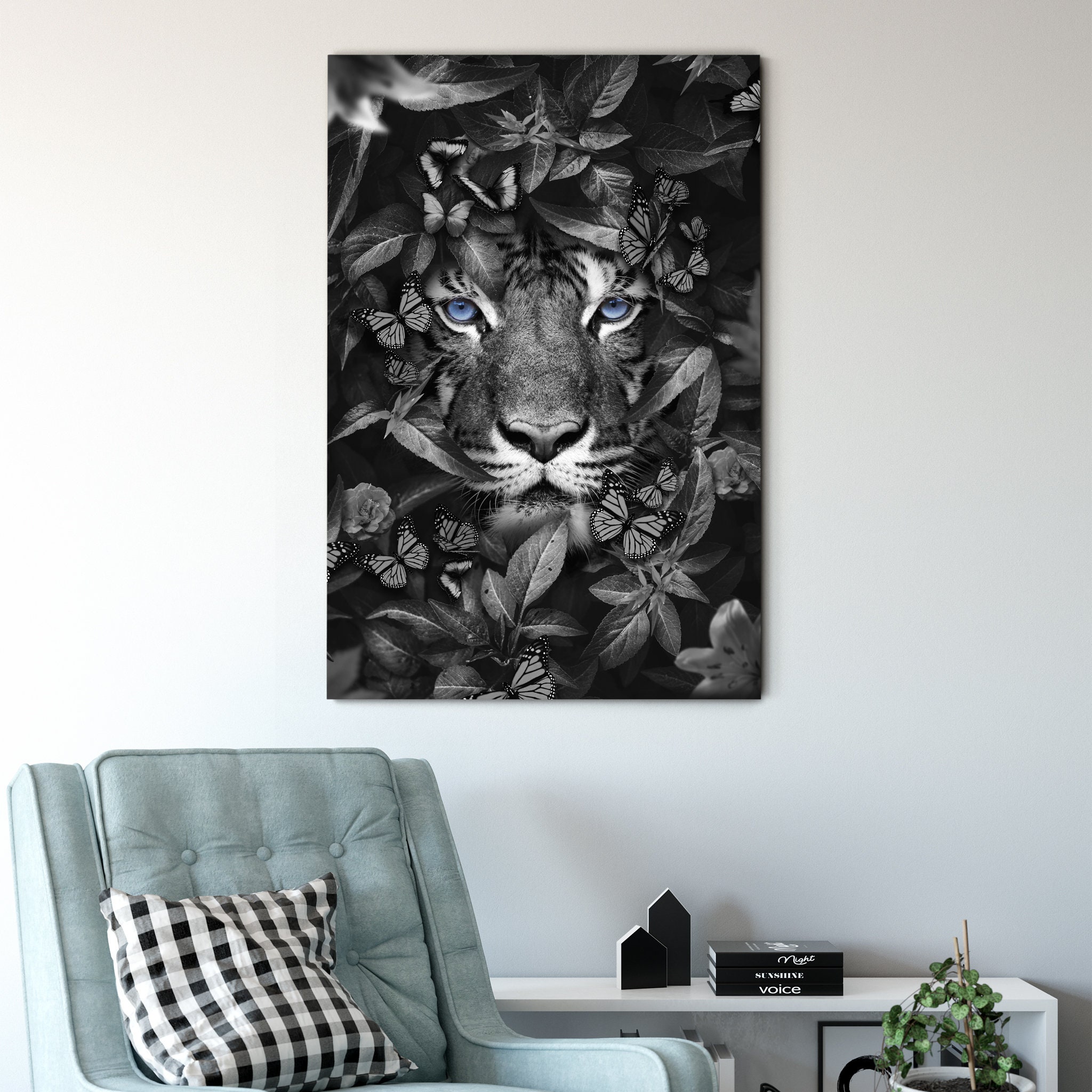 Tigre Noir - Toile Noire et Blanche Art de Mur Tropical Botanique -Grand Art