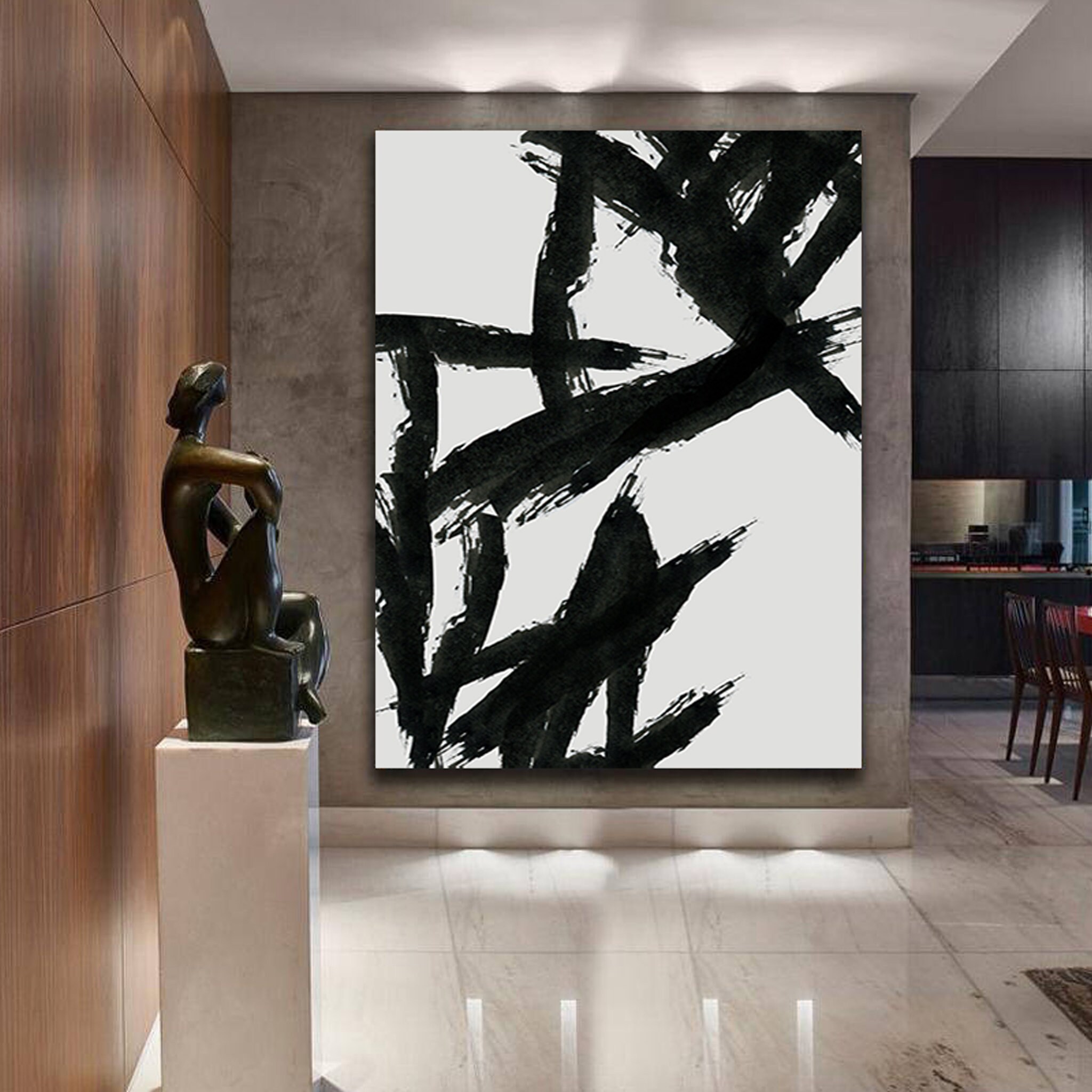 Black Line - Toile Noire et Blanche Art Mural Abstrait sur La Toile Surdimensionné &art Du Salon