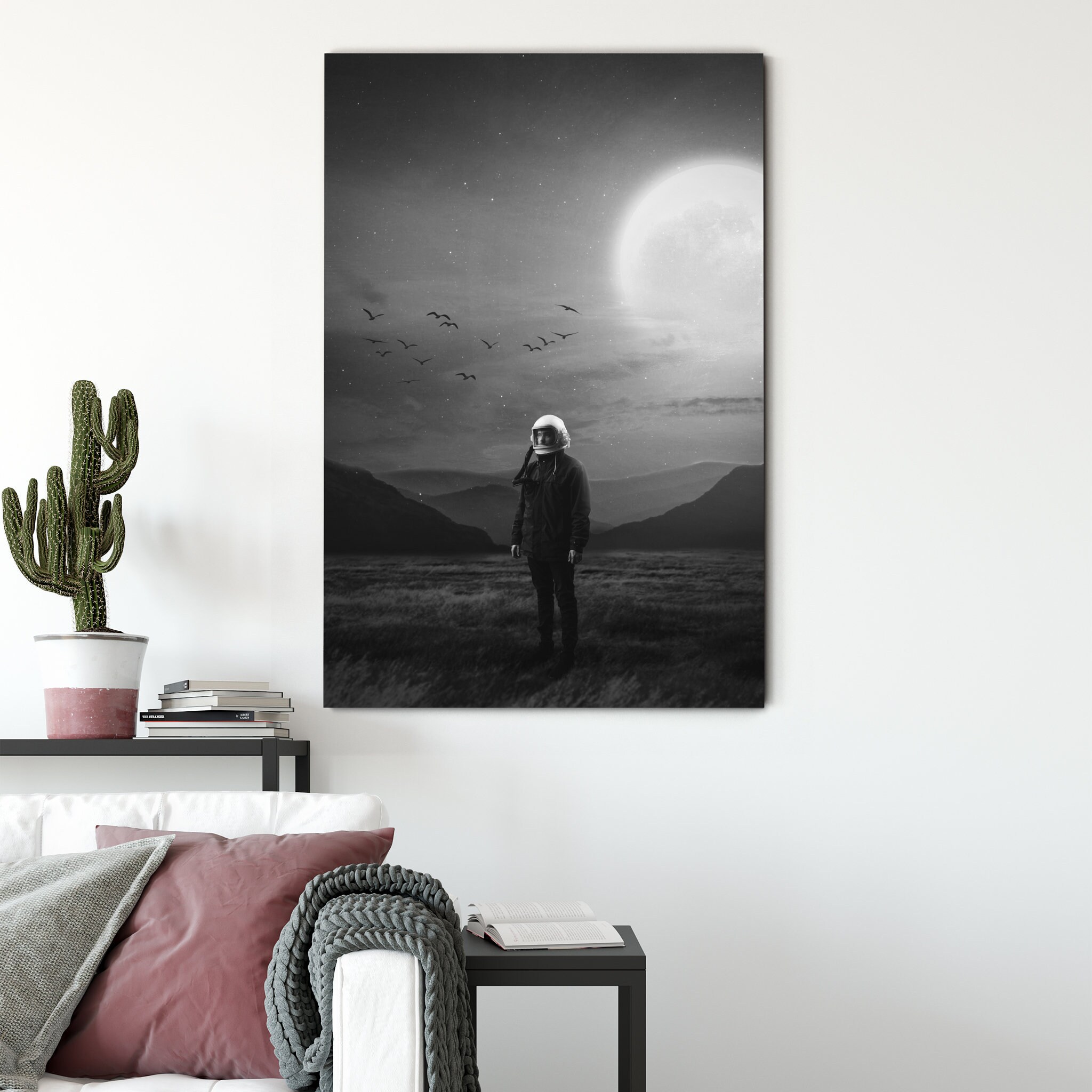 Astronaute Toile Noire et Blanche - Space Wall Art Print Décor Spatial Impression Galaxy Cadeau Spat