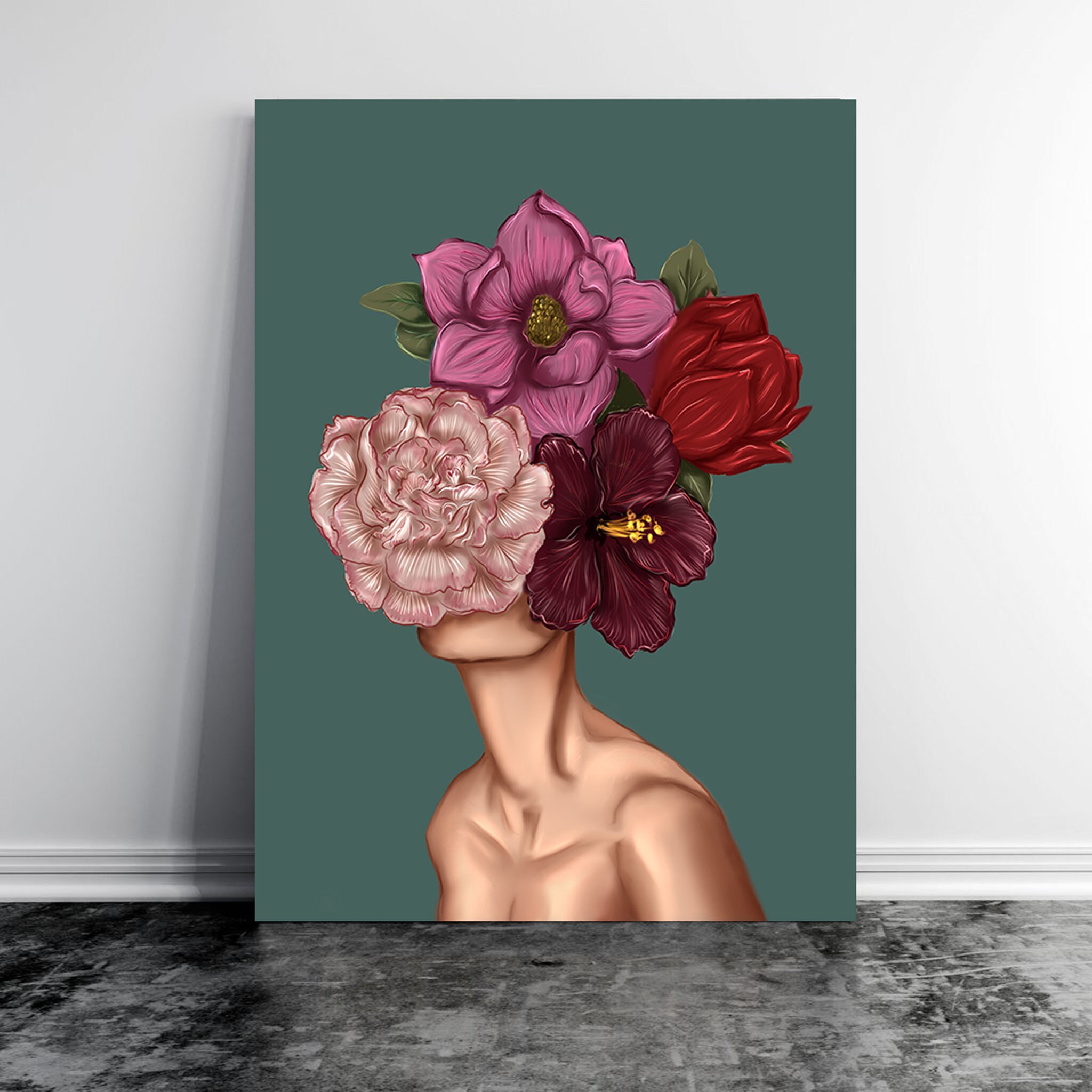 Flower Head Art Canvas Print, Afrocentric Art, Abstract Floral Portrait Wall African Of Flowers Extr