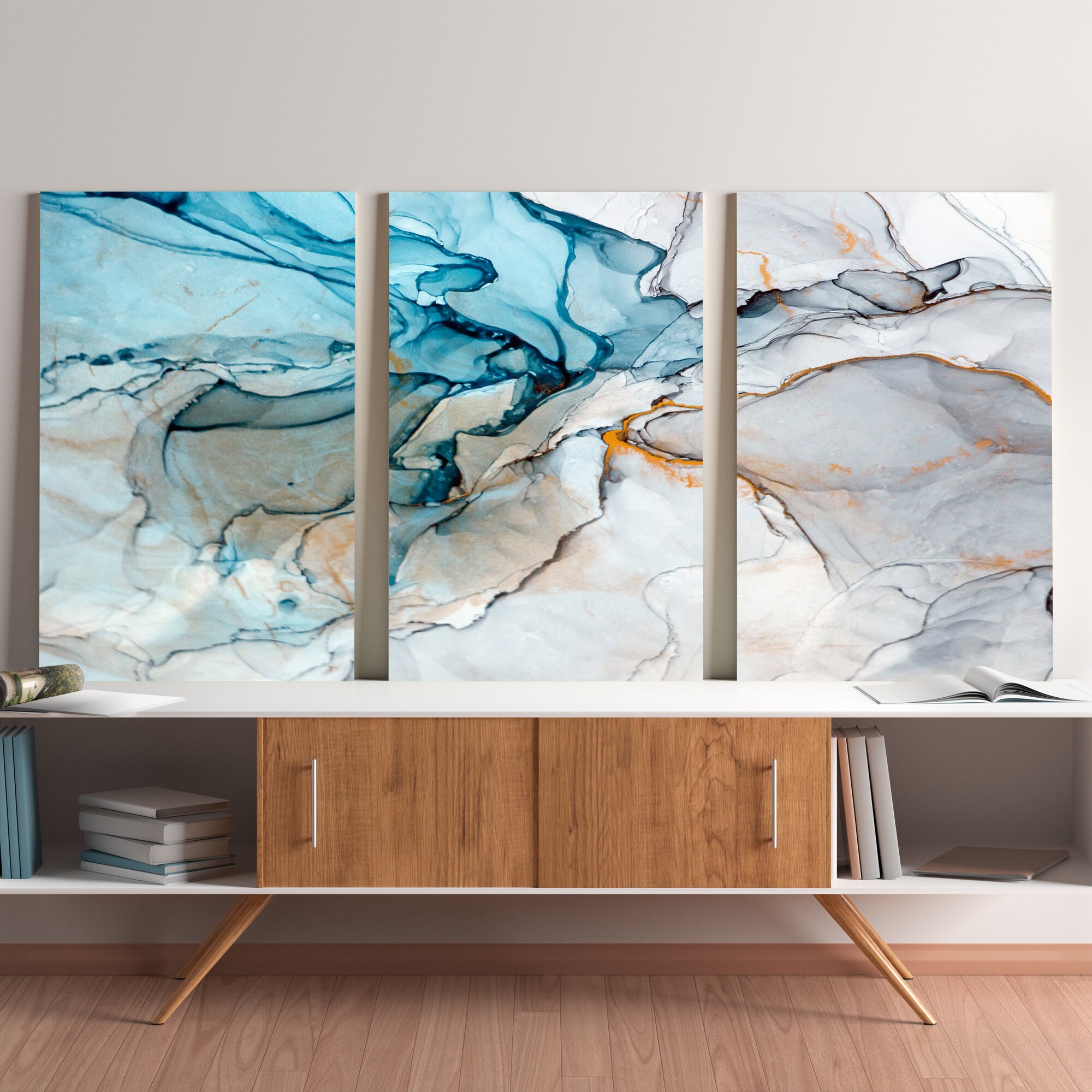 Fissuration de Glace - Peinture Marbre Sarcelle et Grand Art Toile Surdimensionné | Bel Abstrait, Dé