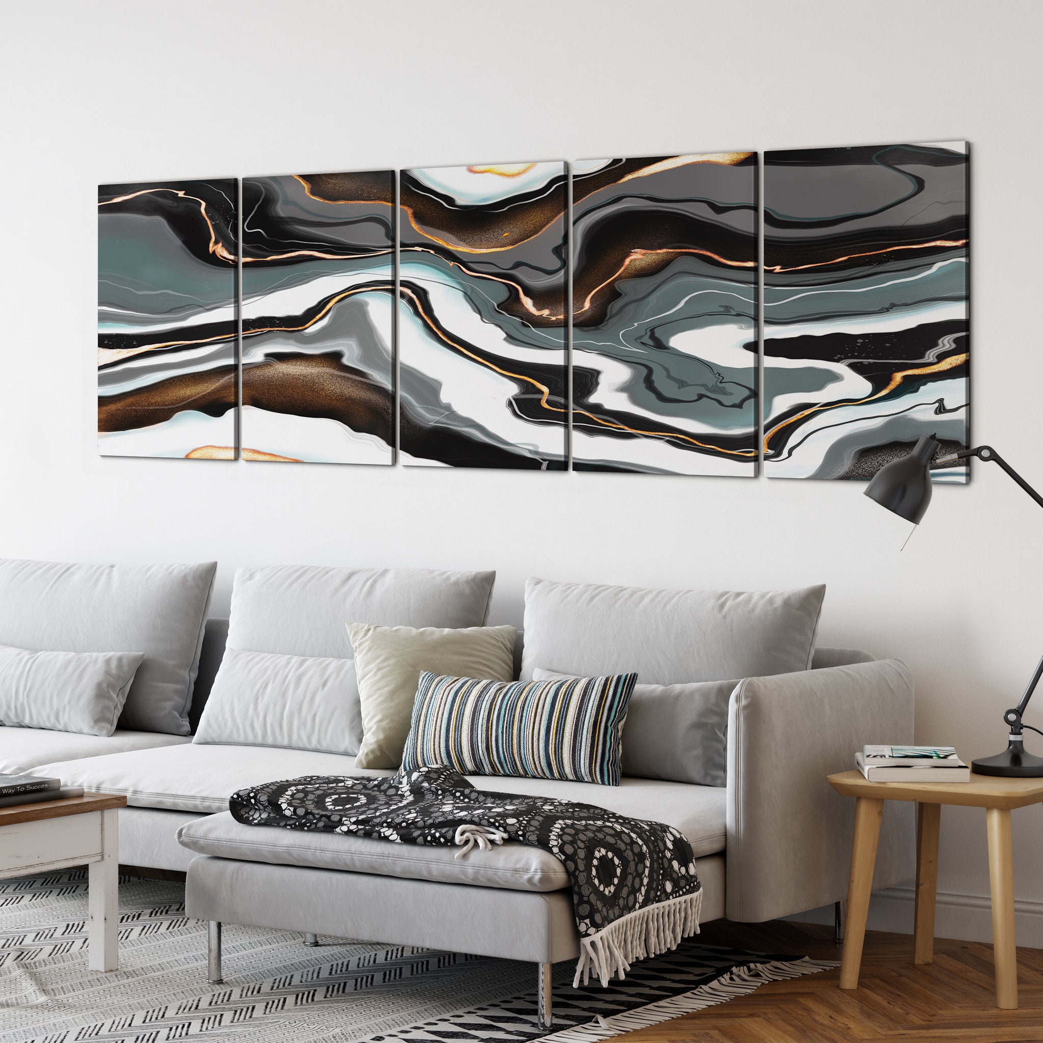 Élégante Toile de Marbre d'or Noir, Art Mural Multi-Panneaux, Abstrait d'art Extra Large, à 5 Pannea