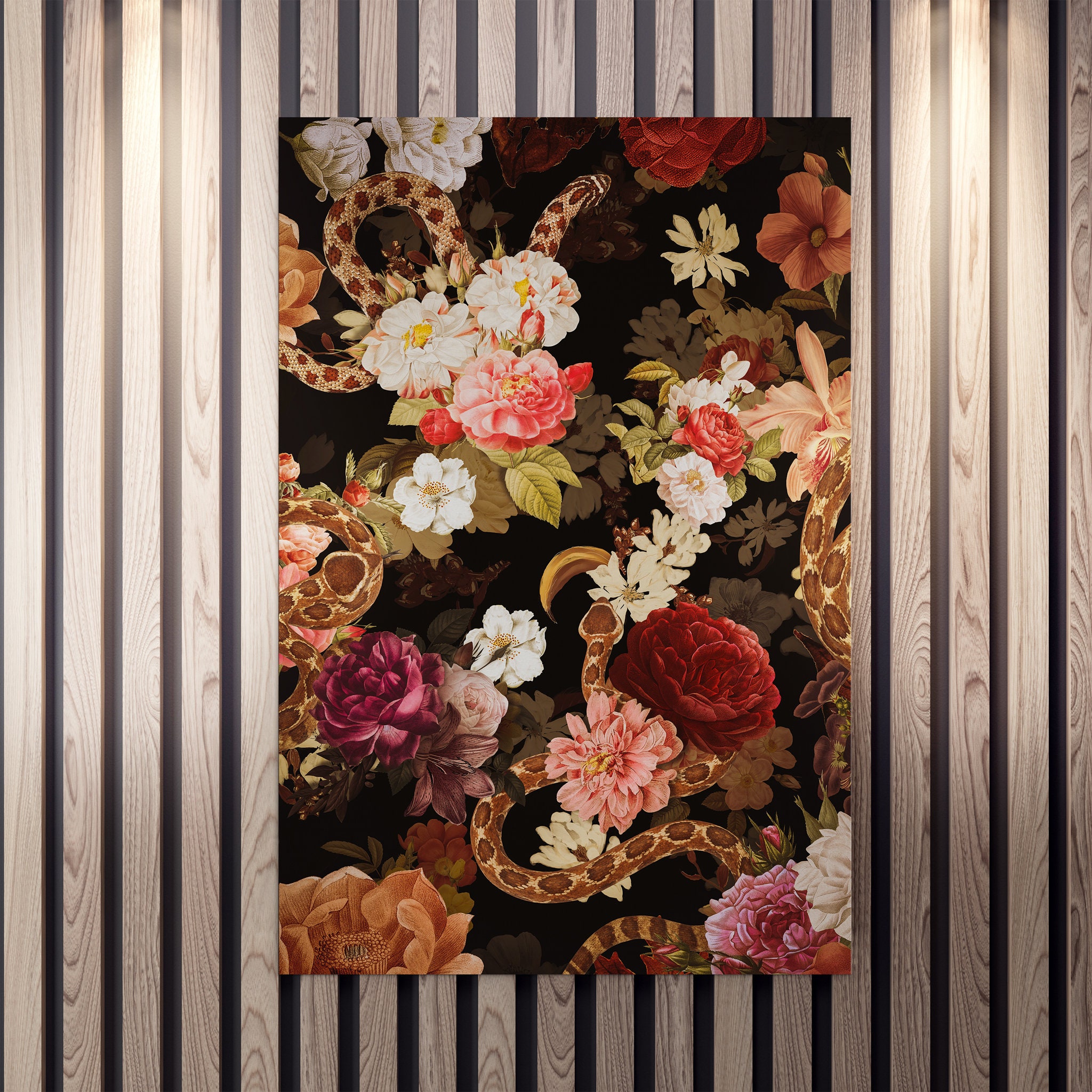 Serpents avec Des Fleurs - Toile Florale d'art de Mur Art Mural Floral Toile Moderne Abstrait Animal