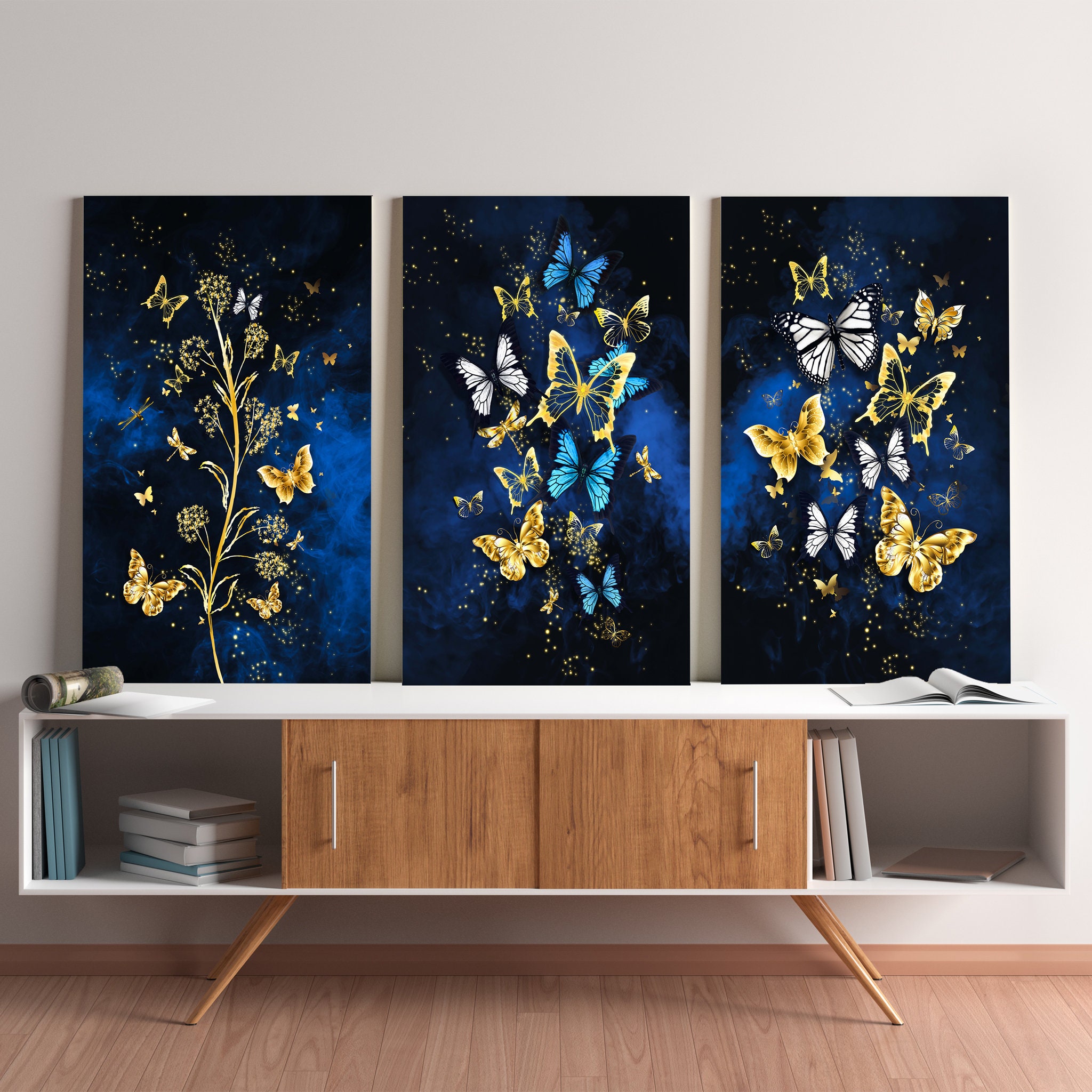 Butterflys Trio - Butterfly Wall Art Art Mural Bleu Marine