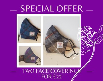 Special offer: Two Harris Tweed Face Coverings, Handmade in Scotland  Harris Tweed face masks, tartan face mask, plaid face mask, reusable