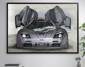 Car Art Poster Print / Hand-Drawn McLAREN F1 Colour prints A4/A3/A2/A1 - digital work / wall art / car gift / carart / automotive art