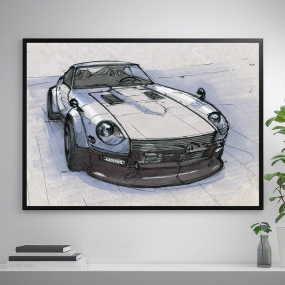 Automotive Poster Poster / Hand-drawn DATSUN 240Z Colour Prints A3
