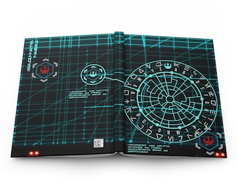 May include: An open book with a black and blue grid pattern on the cover. The book has a Rebel Alliance symbol on the front and back covers. The text "MAGNETIC" is printed on the spine of the book. The inside pages feature a circular grid with letters and numbers.