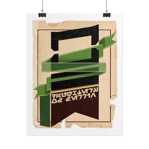 May include: A vintage-style poster with a distressed paper texture. The design features a black geometric shape with a green ribbon and text in a stylized font. The poster is held by two black clips.
