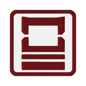 May include: Embroidered patch featuring a geometric design in white and burgundy. The patch has a rectangular shape with rounded corners and a white border. The design includes a central white rectangle and burgundy shapes.