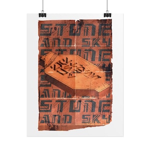 May include: A poster with a distressed, vintage aesthetic. The design features the words "STONE AND SKY" in a repeating pattern of black block letters over a reddish-brown background. A geometric shape is in the center.