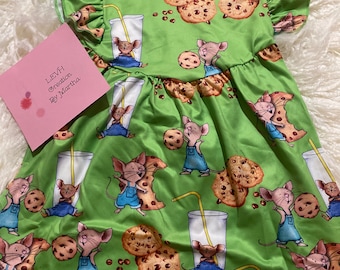 Green Cookie Mouse Inspired Book Character Flutter Sleeve Milk Dress